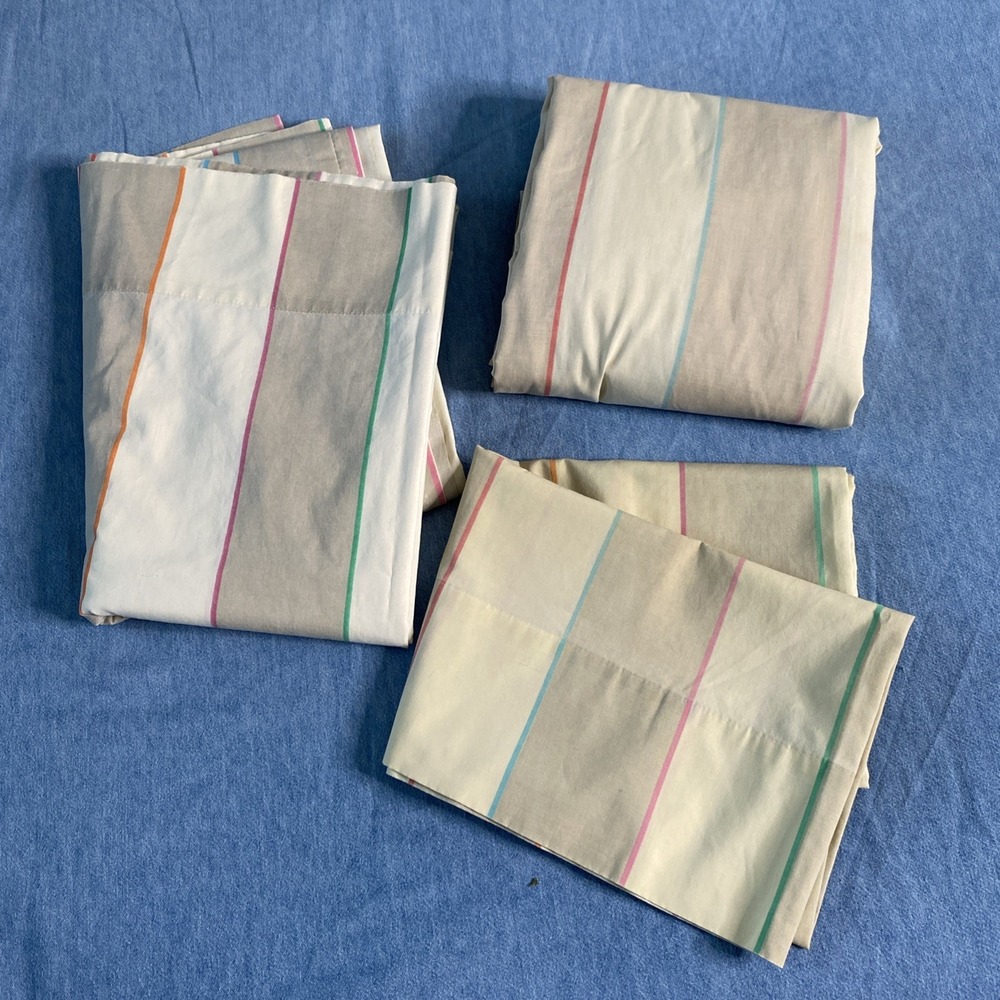 VTG TWIN Atelier Martex Pillowcase & Sheets Percale ~ Beige Tan w Pastel Stripes